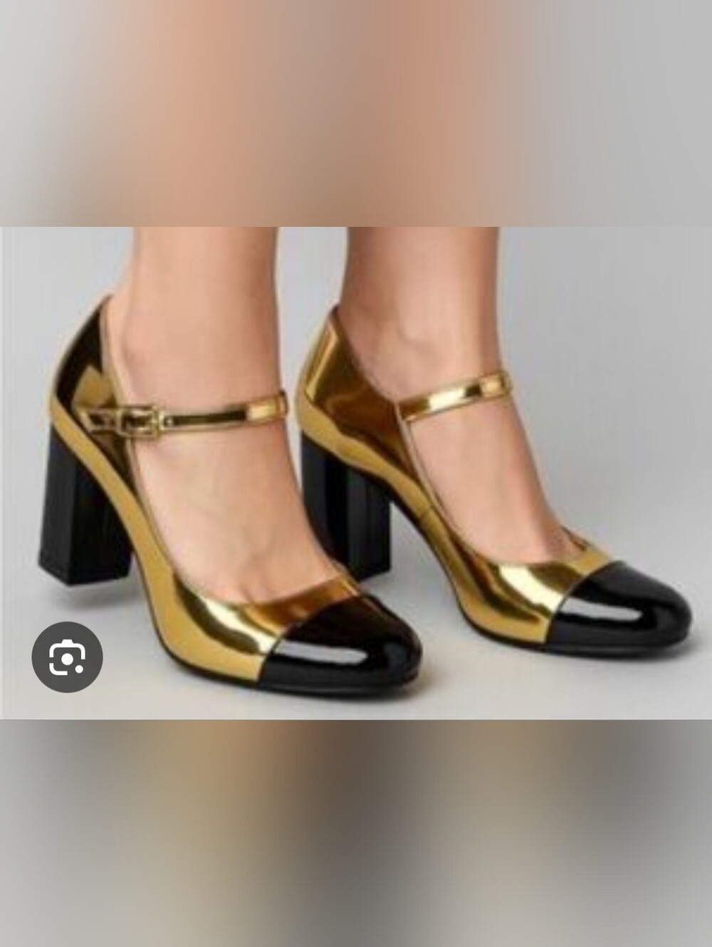 Gold and Black Mary Jane Block Heel Pumps